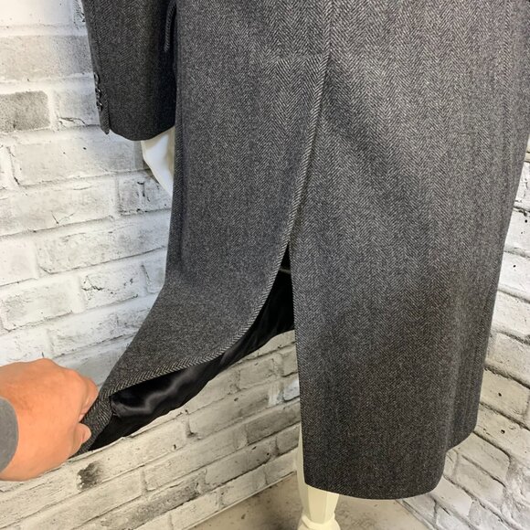 Vintage 90s Union Label Charcoal Herringbone Wool Tweed Overcoat Long Pea Coat - Picture 7 of 16